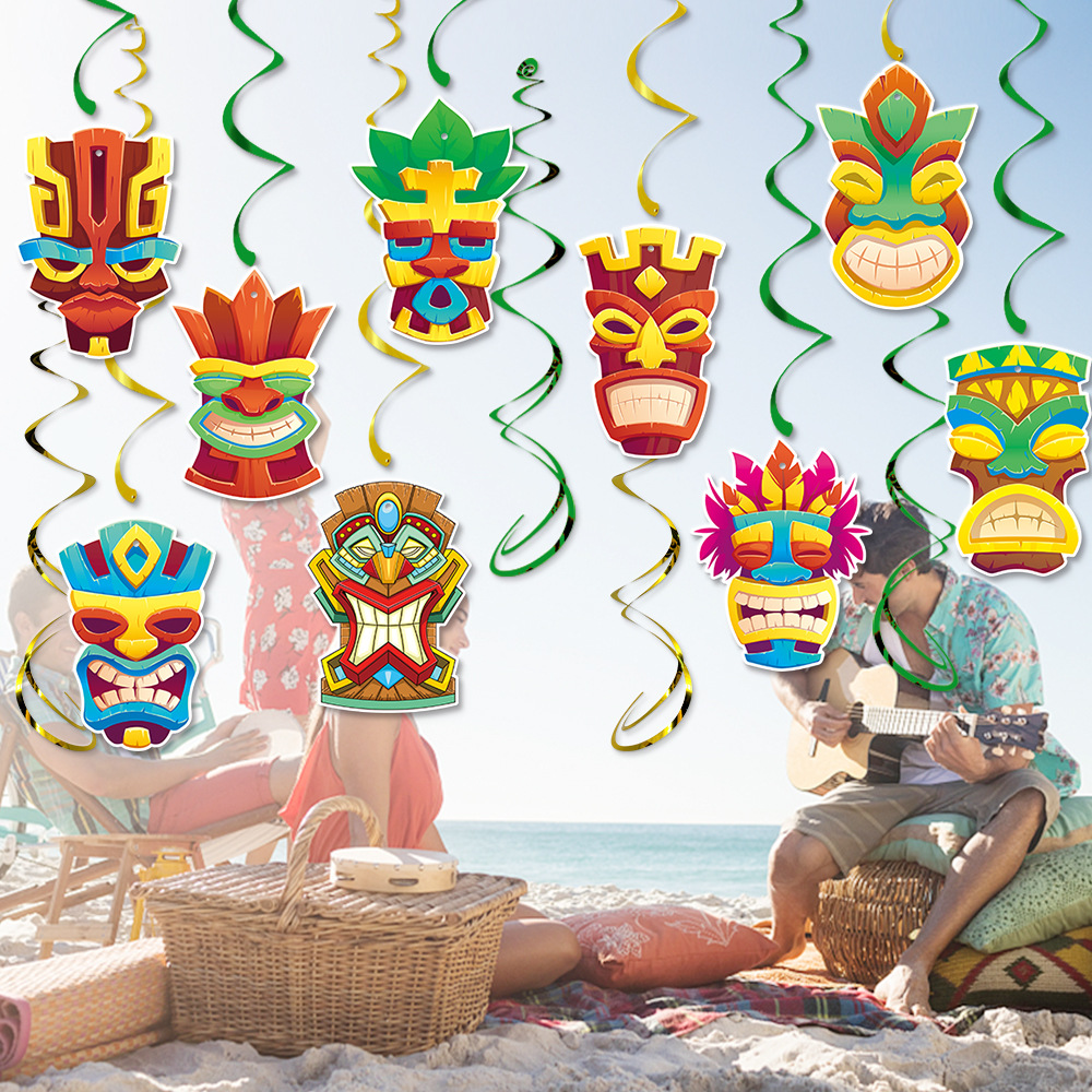 Suministro directo de fábrica de decoración de fiesta hawaiana etiqueta en espiral verano máscara de dios hawaiano colgante en espiral