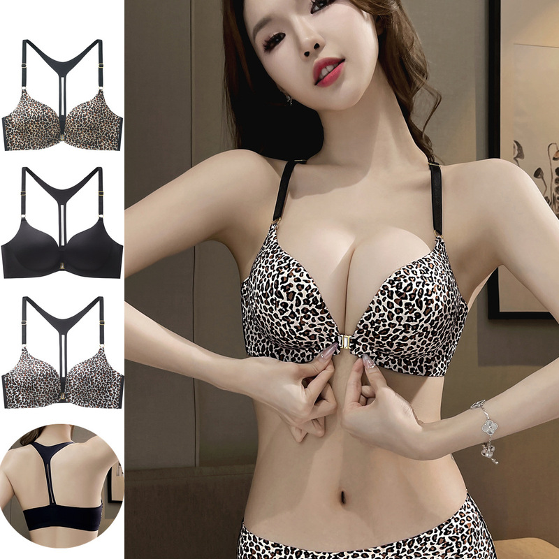 Sexy Leopard Print Front Button Bra and Panty Set, Beautiful Back Intimates for Women with Small Breasts, Thin Adjustable Wire-Free Bra Sexy Leopard Print Front Button Bra and Panty Set, Beautiful Back Intimates for Women with Small Breasts, Thin Adjustable Wire-Free Bra