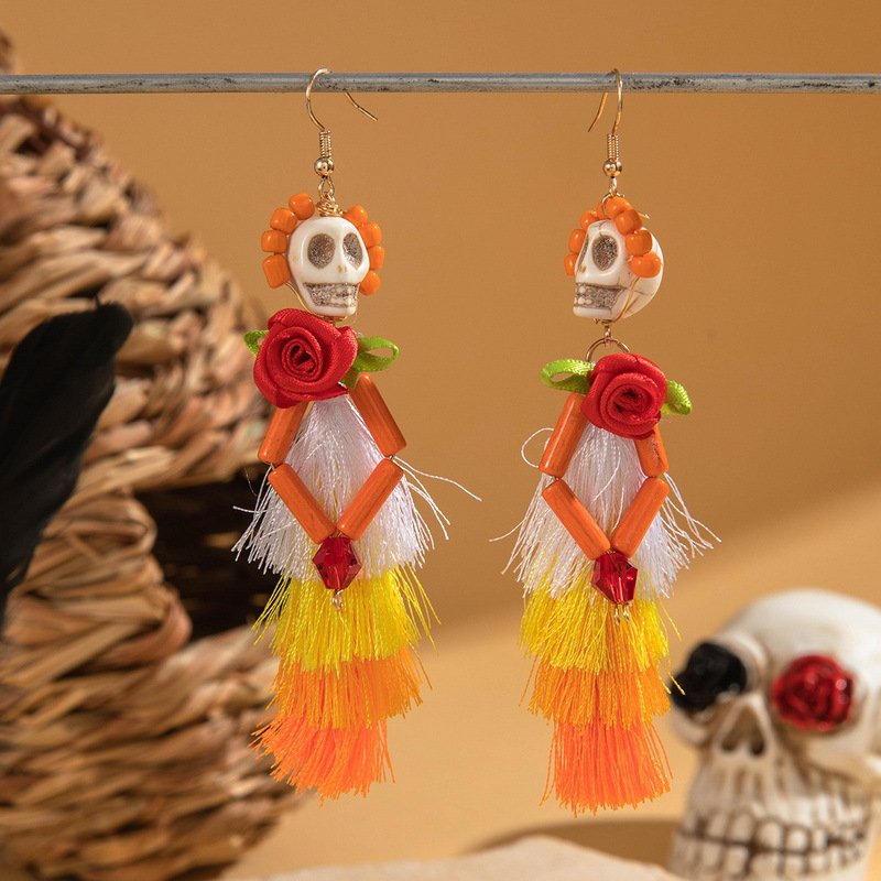 27g Weight Alloy Ear Needle Material Drop Earrings Classification 1 Pair Quantity Holiday, Daily Occasion Alloy, Resin Material Halloween Festival Tassel, Skull Pattern Women's Gender Plating Design Elegant, Streetwear Style 1 Pair Halloween Elegant Streetwear Tassel Skull Plating Alloy Resin Drop Earrings 6