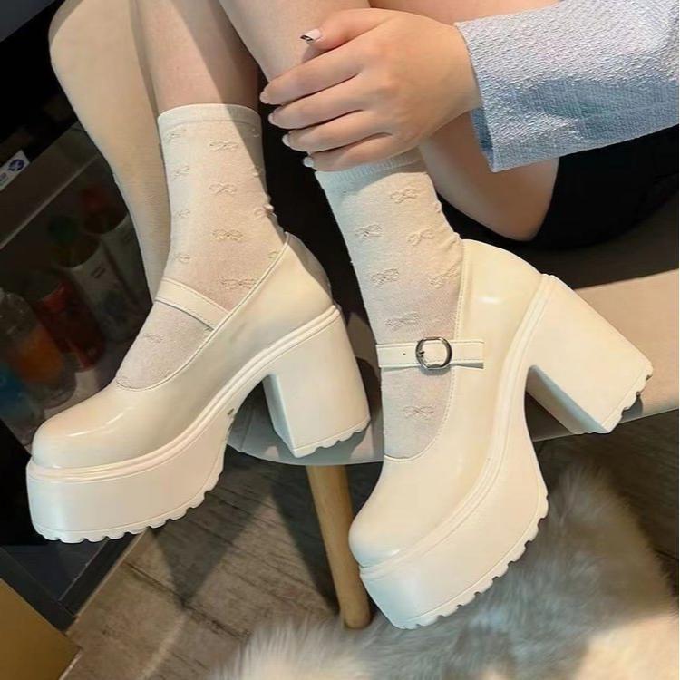 Wholesale Leather High-Heeled Small Leather Shoes for Women 2025 Autumn and Winter New Fashion British Style Round Toe Thick Heel Mary Jane Shoes