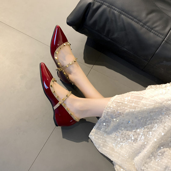 New Style Mary Jane Low-Heeled Shoes with Inner Height Increase of 5, Pointed Toe, Shallow Mouth, Beautiful Elegant, Rivets and Skirts, Evening Shoes for Women