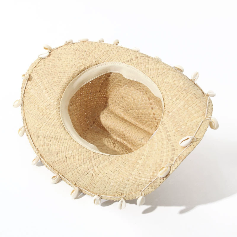 [贝壳装饰沙滩帽夏季海边拉菲草手工编遮阳草帽西式牛仔ridge hat]