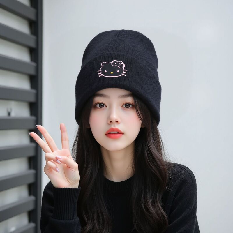新款kt卡通图案硅胶针织帽可爱时尚猫咪针织帽牢固帽子女款时尚|undefined