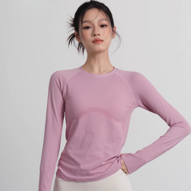 Pilates Training Round Neck Solid Color Yoga Top for Women Breathable Fitness Wear Slim Fit Elastic Running Sports Long Sleeves