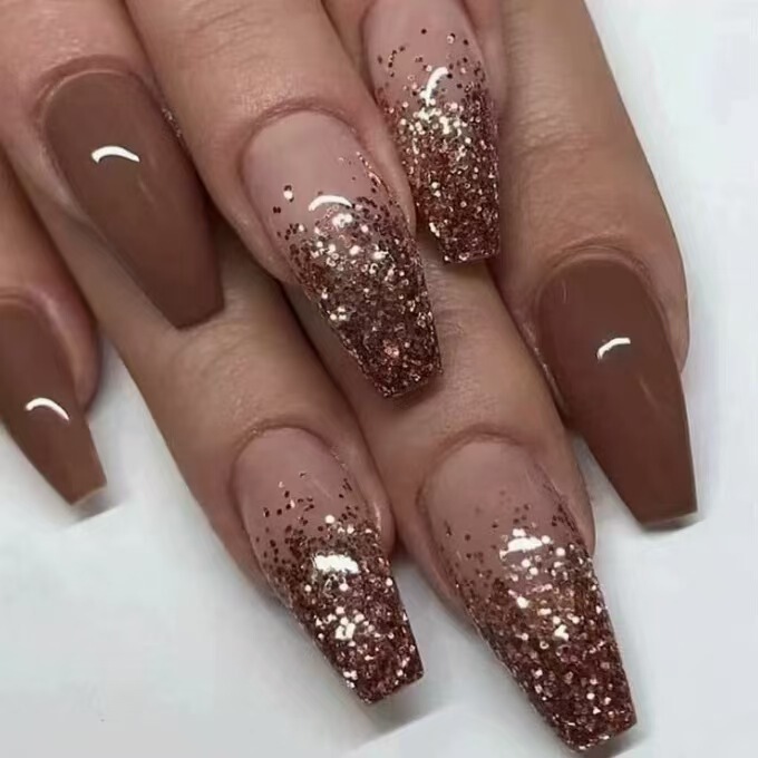 Maillard Crushed Glitter Foreign Trade Finished Product Disassembly Caramel Color Ballet Fake Nail Patch Wearable Finger Nail Manicure
