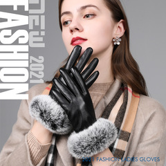 Leather gloves for winter touch screen with plush and thick insulation, real rabbit fur thin model for riding and driving, rabbit fur mouth leather gloves