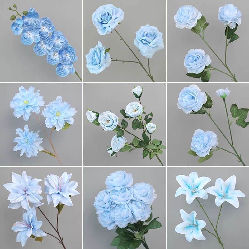 ♔蓝色花花束婚庆花材绢花婚礼玫瑰花装饰花插花花朵假花塑料