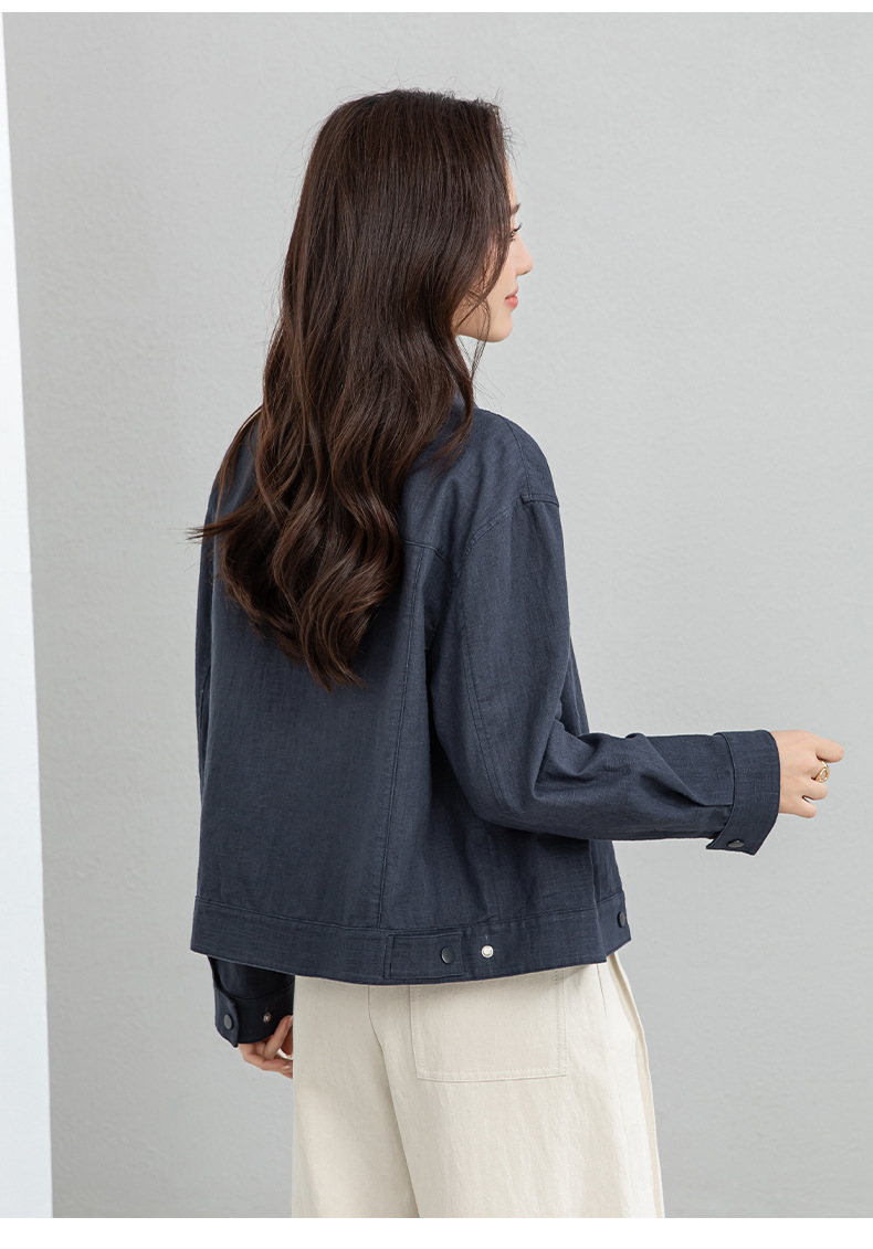 Áo khoác nữ dáng dài cổ đứng tay dài phong cách Hàn Quốc chất liệu ramie cotton thoáng mát — Xám xanh chi tiết 21