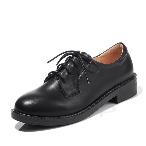 Small leather shoes for women, British style college students, flat lace-up shoes, comfortable and versatile, black formal interview work shoes