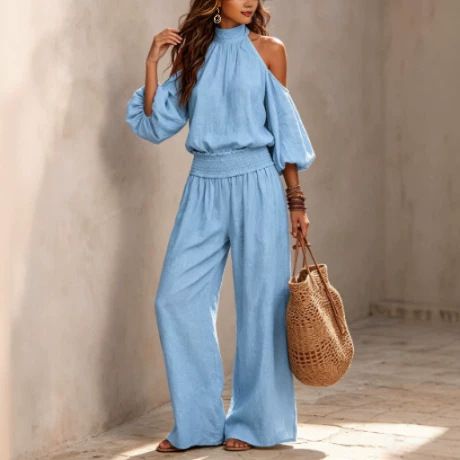 European and American cross-border Amazon women's new casual round-neck loose long-sleeve hollow top and ruched long pants set European and American cross-border Amazon women's new casual round-neck loose long-sleeve hollow top and ruched long pants set
