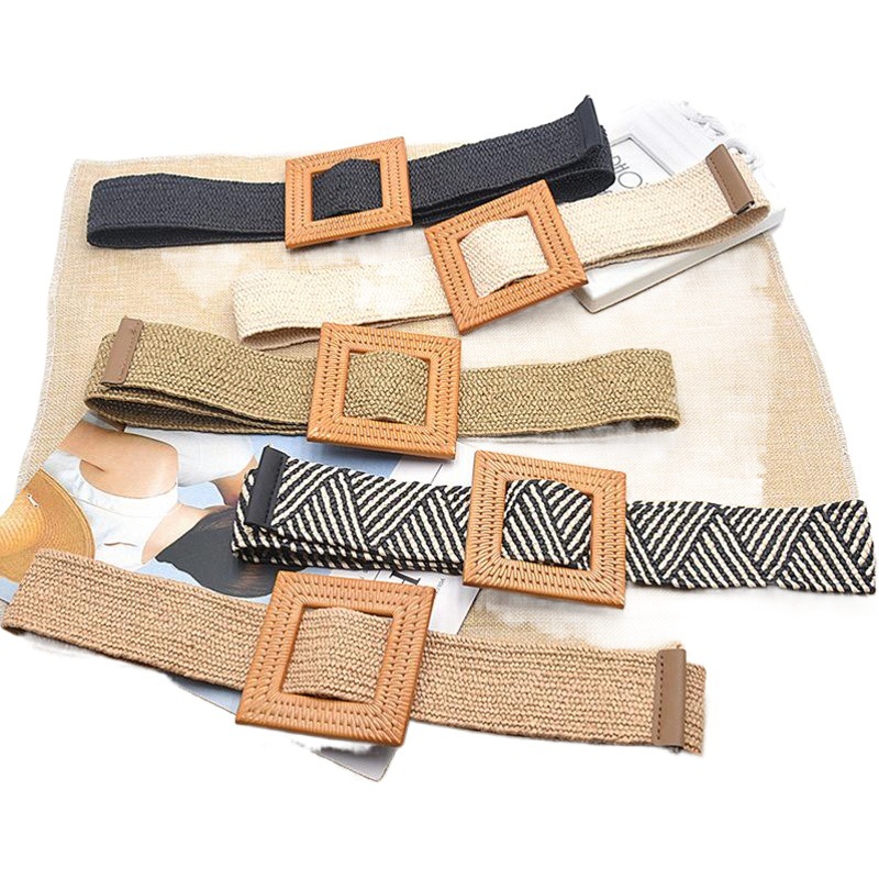 Venta directa de fábrica 2019 nueva hebilla de madera tejida banda elástica cintura delgada de las mujeres cinturón de moda libre variedad de pruebas completa