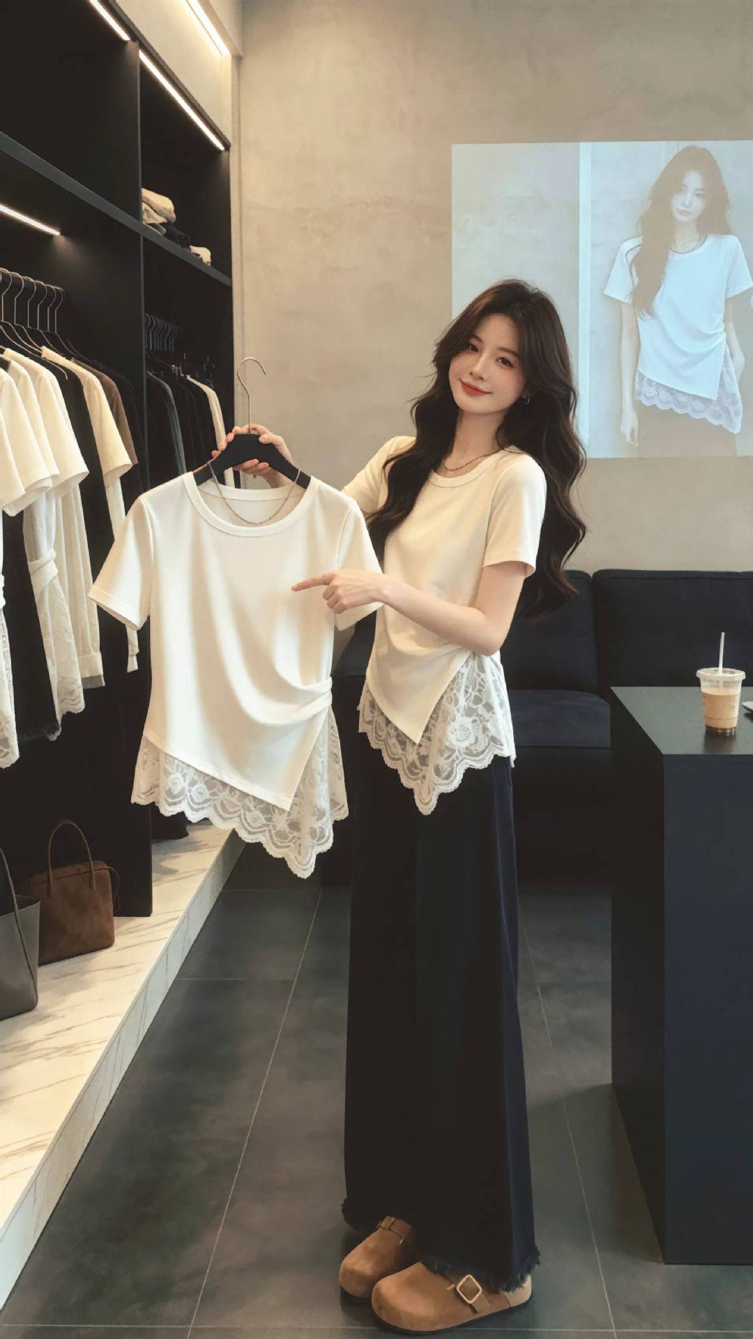 Áo thun nữ tay ngắn cổ tròn phối ren viền gấu bất đối xứng — màu đen chi tiết 1