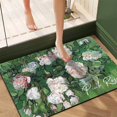 Avtomobil döşəmə paspasları – Bathroom Absorbent Foot Mat, Toilet Carpet - diatom-mud-oil-painting-rectangular-doormat-05-4060cm