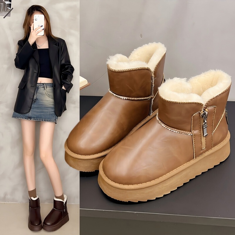 Korean Style Export Winter Pure Color Short Plush Cotton Boots Fur Integrated Snow Boots Short Tube Warm Thick Sole Women's Cotton Shoes