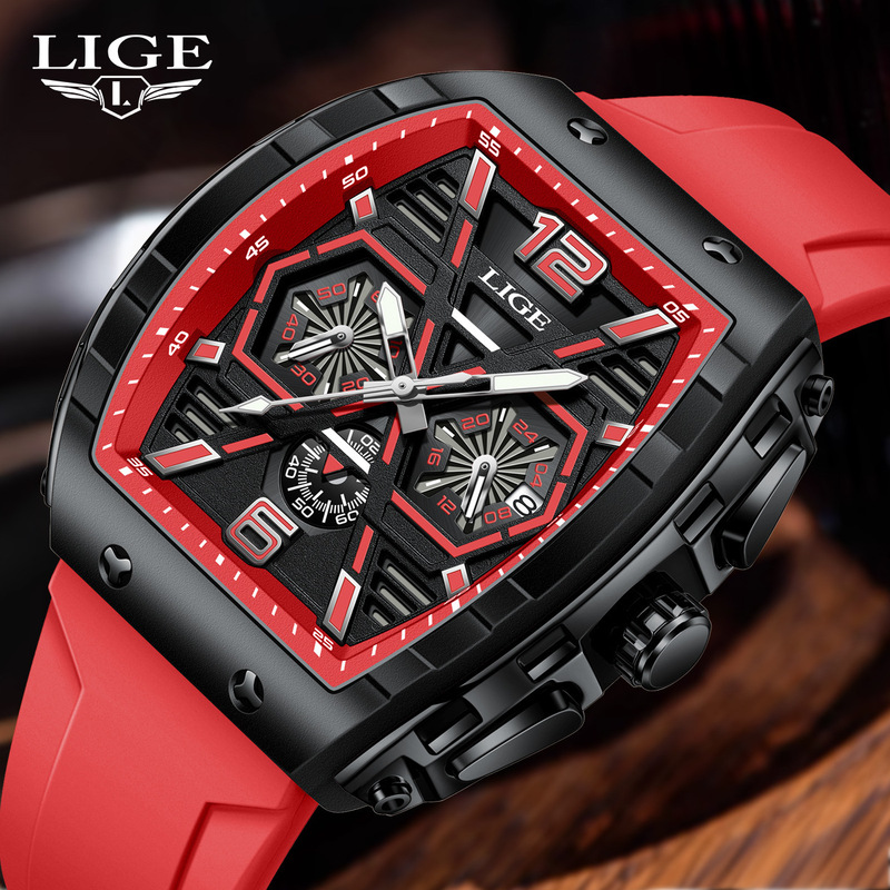 Lige/Lige New Square Men's Watch 50m Waterproof Multi-Function Calendar Watch Lg89108 Black and Red