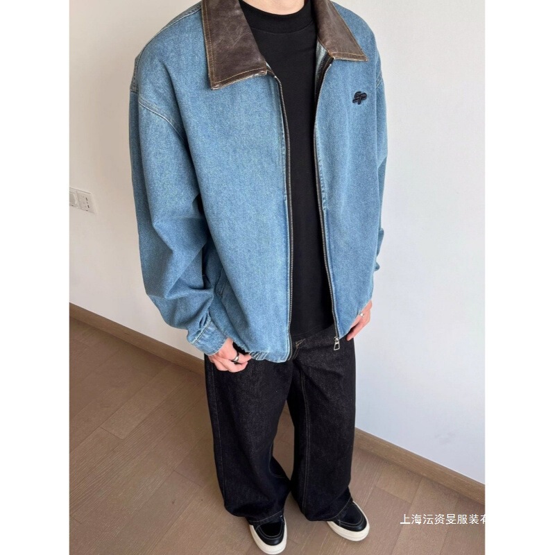 American Retro Washed Vintage Lapel Carhartt Denim Jacket for Men, Autumn and Winter High Street Fashion Loose Long-Sleeve Coat