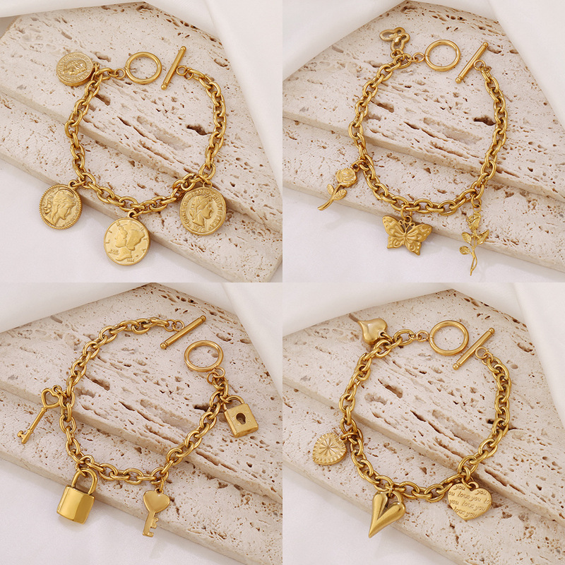 European and American Cross-Border 18K Gold-Plated Stainless Steel Butterfly Heart Charm Bracelet for Women Portrait Coin Ot Buckle Bracelet Jewelry