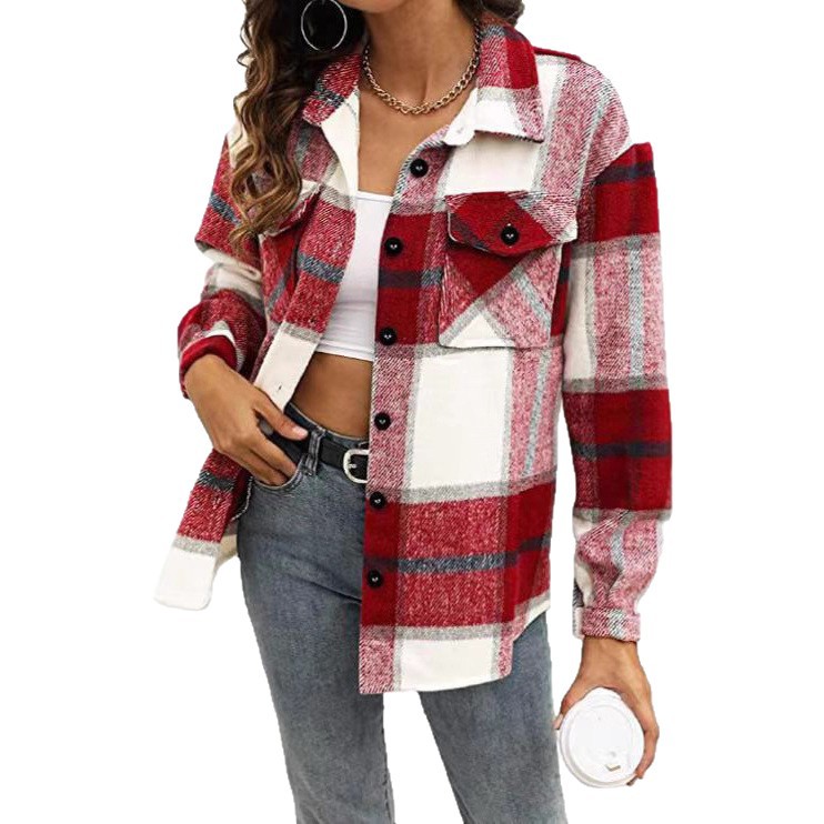 Women's Clothing Plaid Shirt American Style Long Sleeved Collared Loose Fit Mid Length Coat For Autumn Winter_ecoleips.com