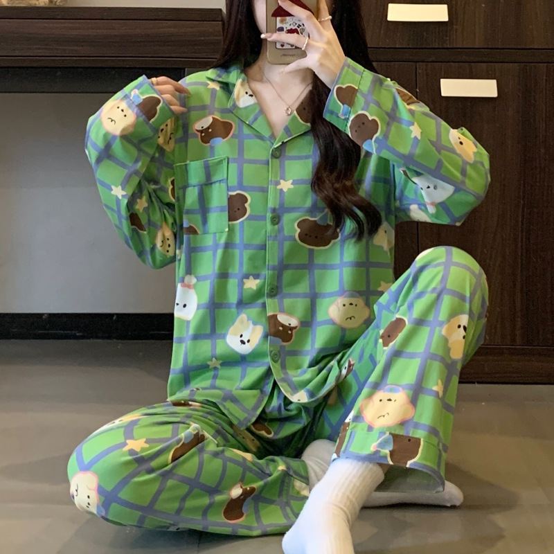 Al por mayor transfronterizo nuevo primavera y otoño pantalones de manga larga pijamas cardigans con ropa casualizada de algodón de dibujos animados