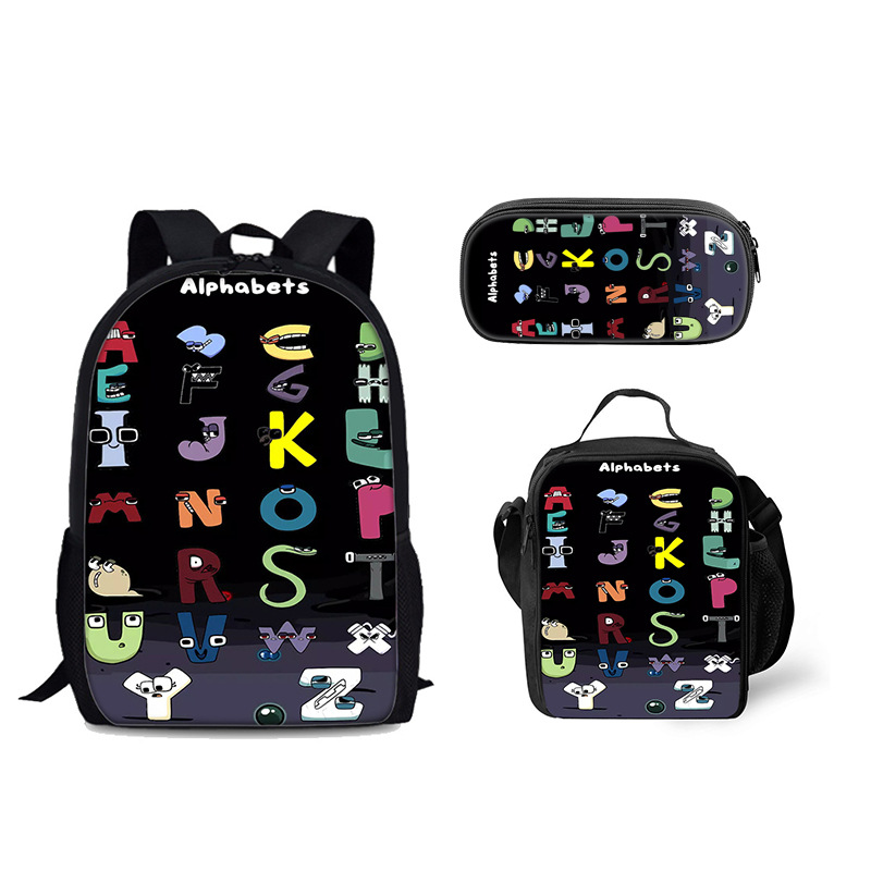 Venta al por mayor Alphabet Lore mochila escolar bolsa de hielo letra leyenda estudiante mochila bolsa de comida bolsa de tres piezas