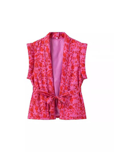 Cross-border wholesale 2024 autumn new fashion waistcoat with belt printed sleeveless vintage vest waistcoat women