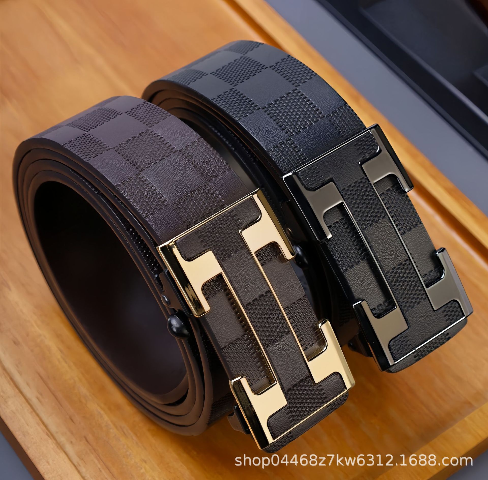 New Men's Leather Belt Business Waist Belt Checkered Pattern Toothless Automatic Buckle Casual Versatile Waist Belt