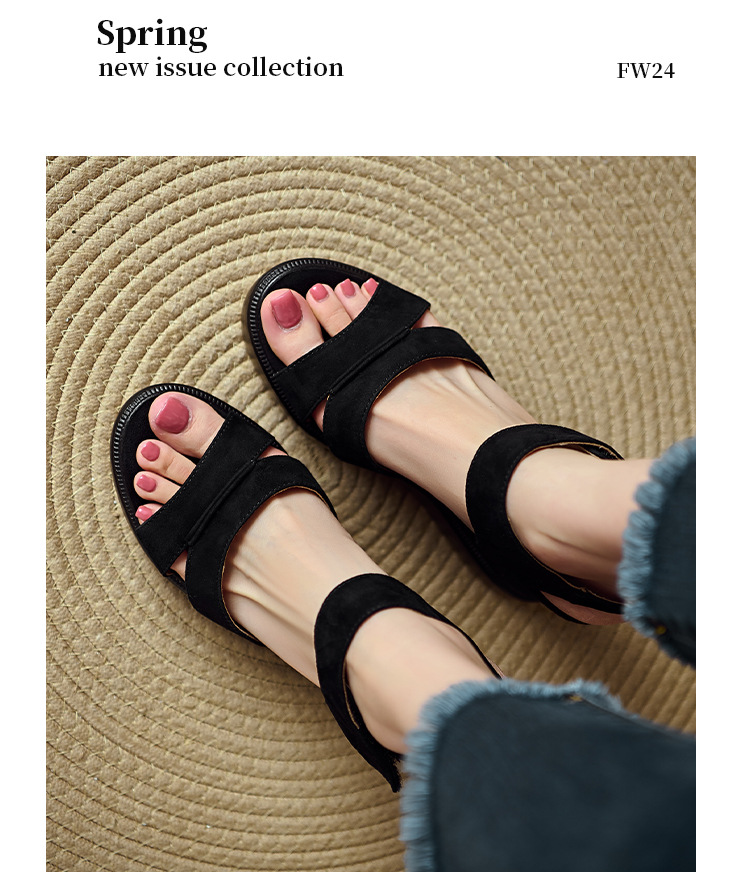 Sandal cao gót nữ mũi hở, đế xuồng bọc da lộn, quai ngang khóa dán, gót 9 cm — Nâu vàng, màu đen chi tiết 15