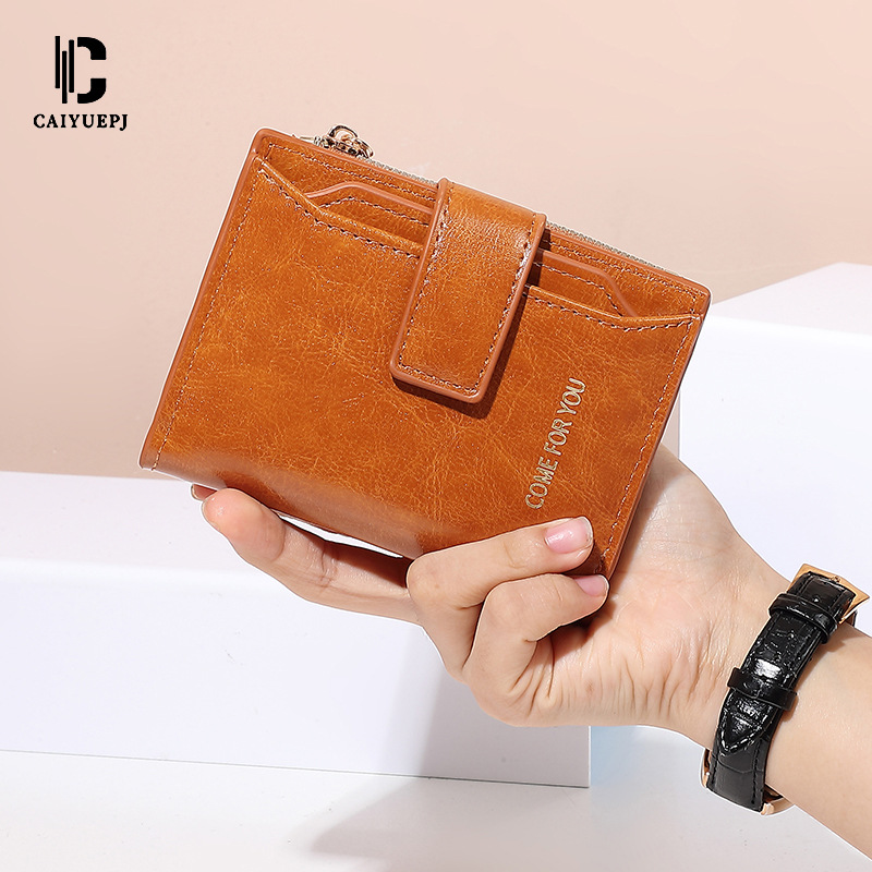 新款跨境钱包工厂直供短款扣子wallet大容量拉链油腊皮时尚零钱包