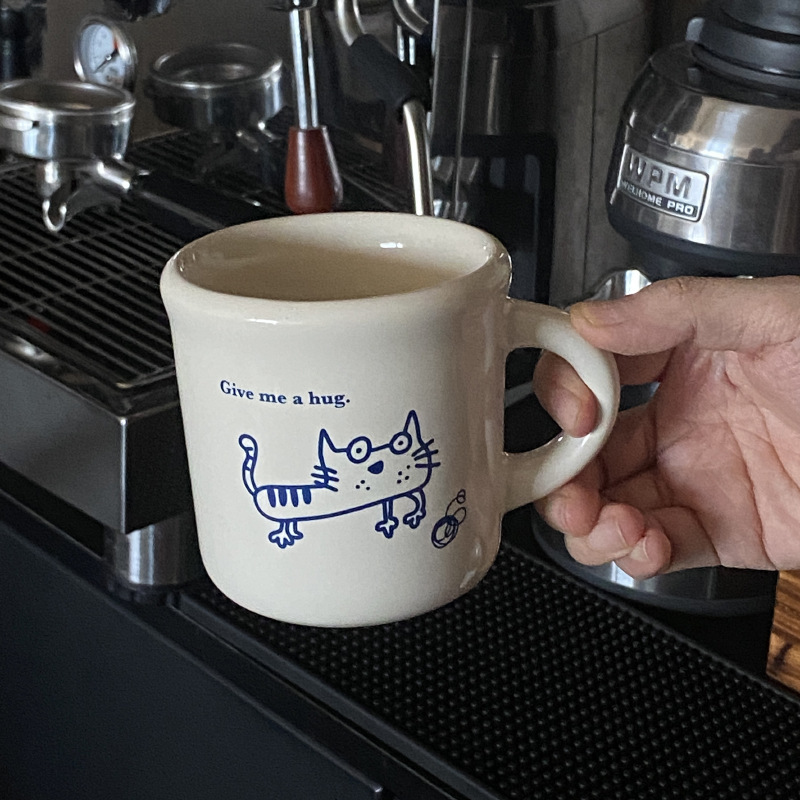 韩ins 小众抽象涂鸦小猫陶瓷马克杯 设计感白色酸奶杯水杯情侣杯|undefined