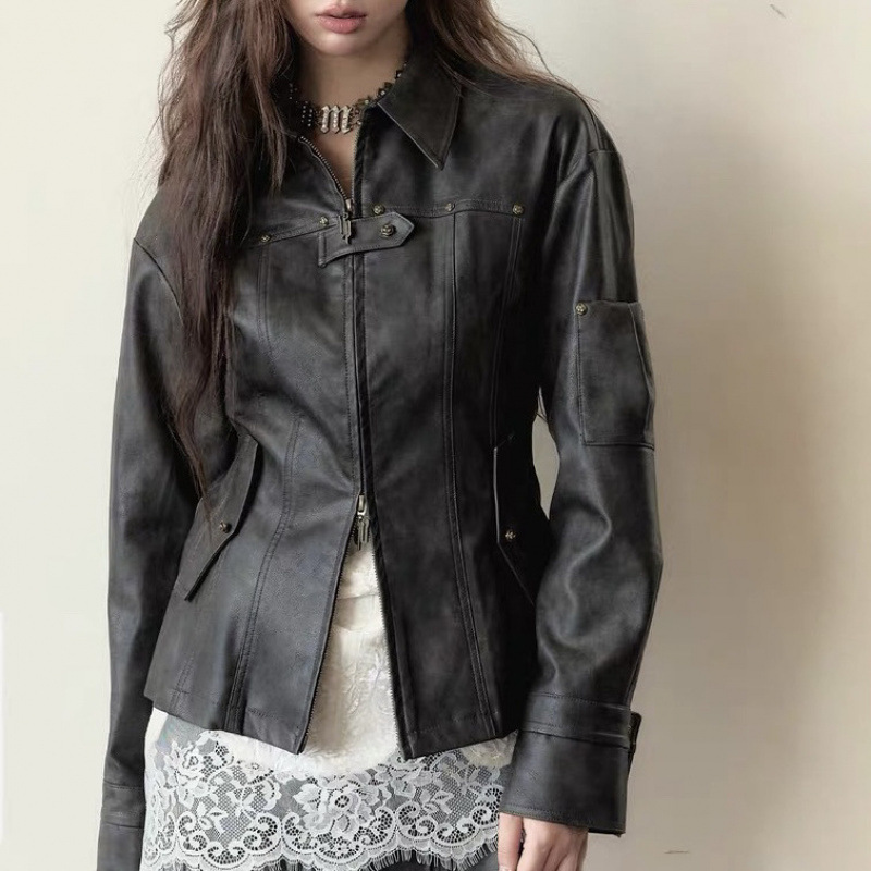 Milad Motorcycle Style Design Rivet Street Leather Short Jacket for Women Autumn Slim Retro Versatile Top