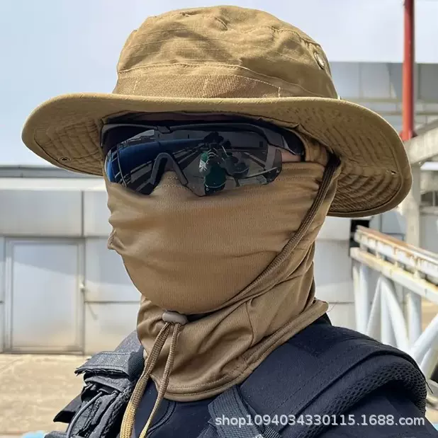 迷彩圆边渔夫帽男户外登山骑行野营钓鱼防晒透气速干全脸面罩头套