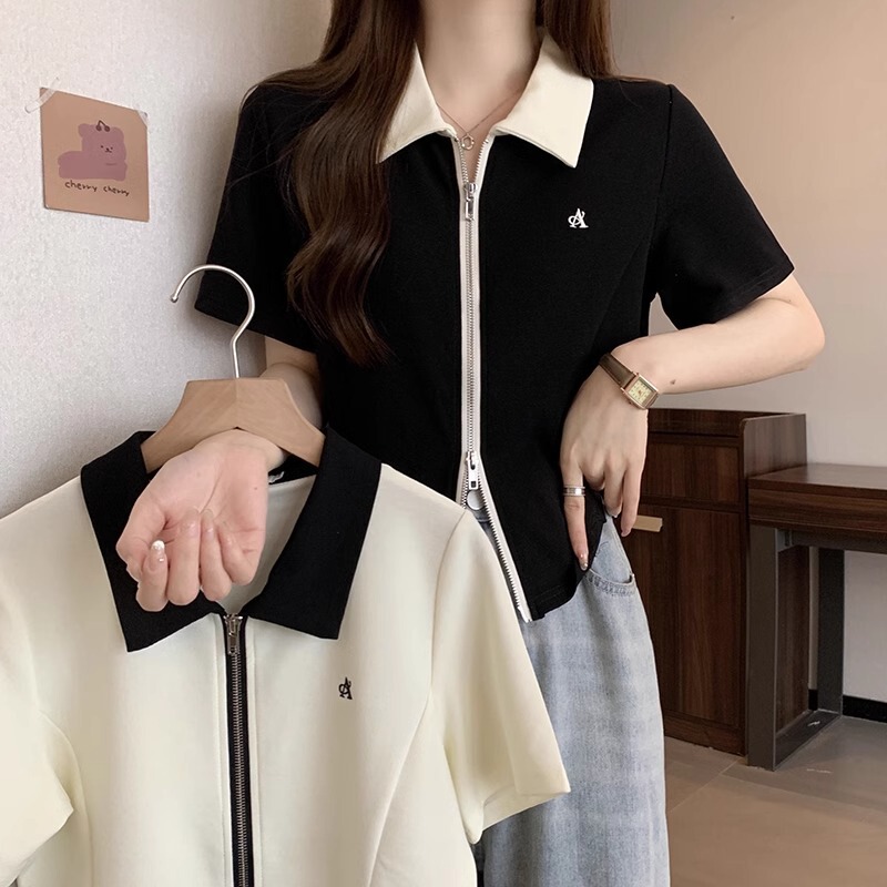 Plus Size Polo Collar Double Zipper Short-Sleeved T-Shirt for Women 2025 New Summer Fat mm Slim Slim Short Top