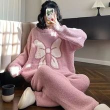 新款冬季睡衣女冬半边绒蝴蝶结长袖可外穿少女甜美家居服套装批发