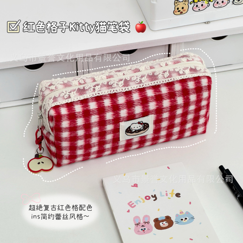 かわいいニッチな赤いチェック柄レースキティ鉛筆バッグ大容量文具箱ポータブル高価値鉛筆バッグ化粧品バッグ|undefined