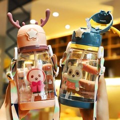 Children's water cup, kindergarten primary school student, baby anti-fall cup, cute girl student antlers, water bottle bag, straw