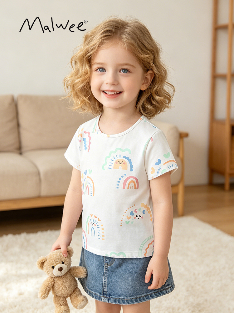Malwee transfronterizo verano nuevo dibujos animados impresión camiseta infantil niñas y niñas manga corta suelta transpirable chaqueta de ropa de niñas