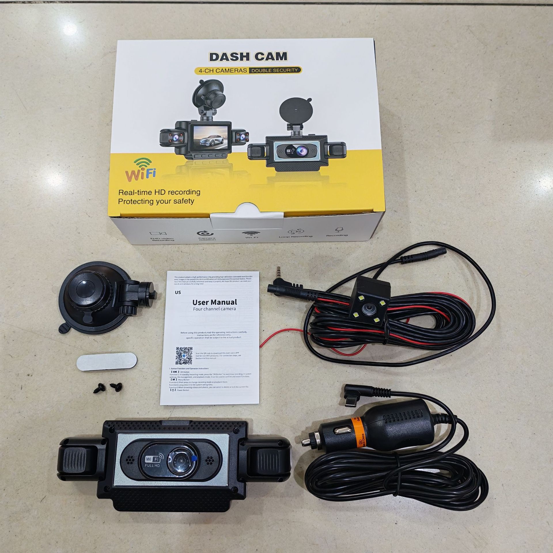Cross-Border Hot-Selling 1080P High-Definition Dash Cam with Four Lenses, Wifi, 3inch Screens for Simultaneous Recording and Display of Reversing Images