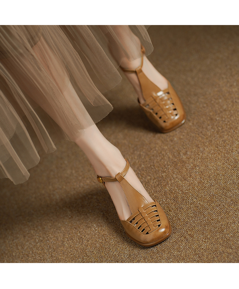 Sandal cao gót nữ mũi nhọn quai chữ T dệt hở gót, gót 5 cm — đen chi tiết 14
