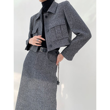 鸿衫秋冬新款羊毛两件套高级感短款毛呢外套直筒半裙气质套装女