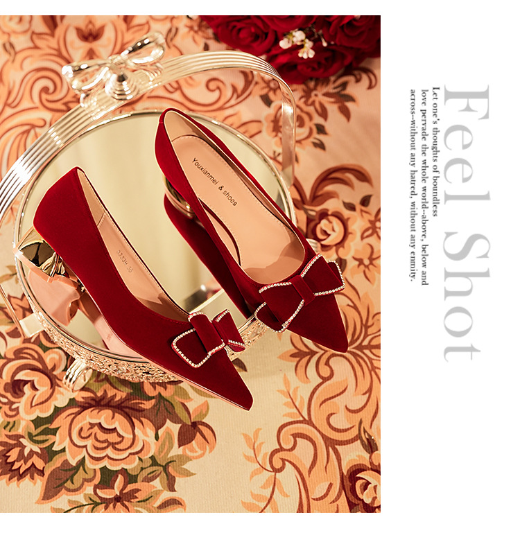 3333H-058 Low Heel Pointed Toe Suede Bow Festive Wedding Party Shoes Comfortable Red High Heels_voghion.com