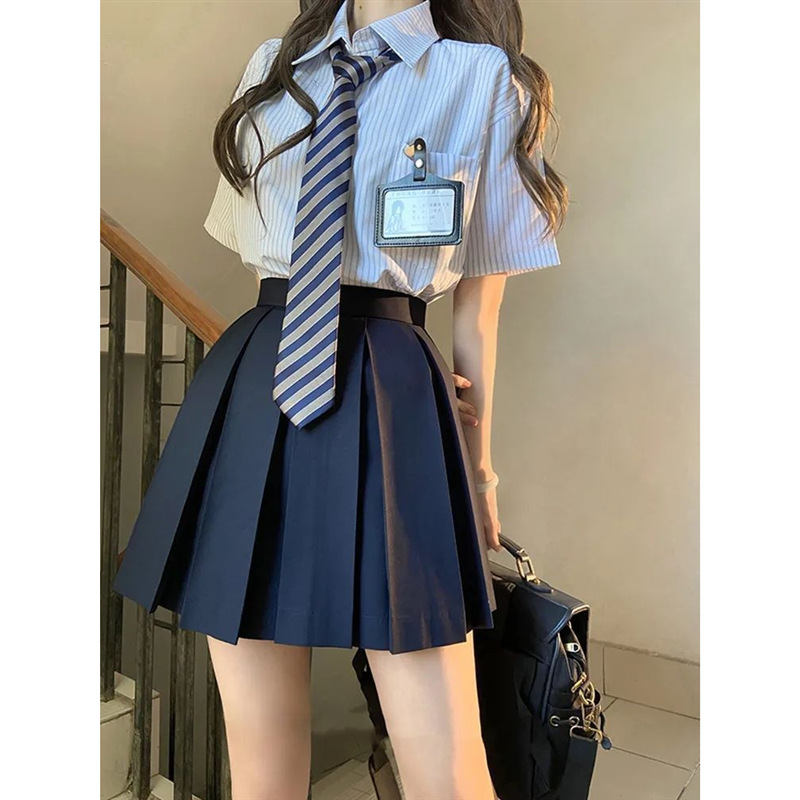 Japanese jk uniform college style loose all-match chic striped shirt short sleeve shirt women's summer new top