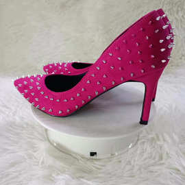 欧美时尚性感女鞋细跟高跟鞋天鹅绒细钉铆钉高跟鞋梅红色女鞋银钉