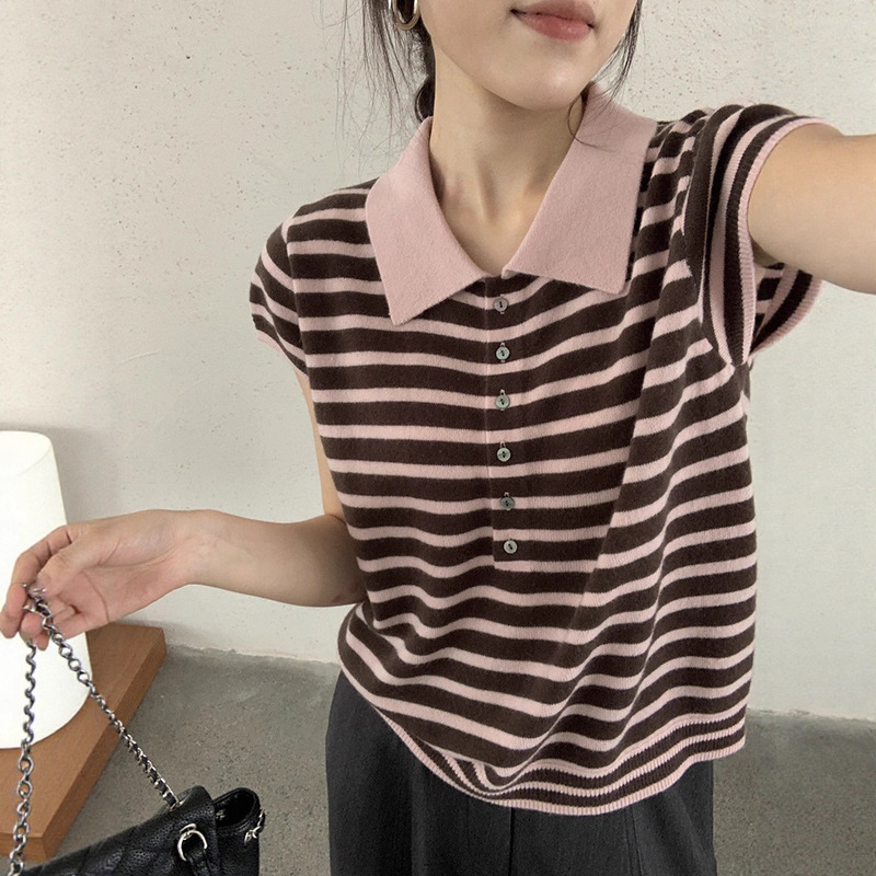 100-Count Yarn! Casual and Comfortable All-Wool Polo Collar Sweater Knitted T-Shirt Women's Autum Stripesd Pullover Top