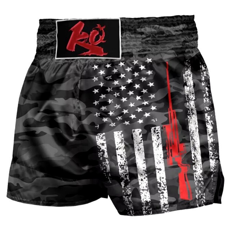 American Flag Men's Fighting Shorts Black Camouflage Star Hunter Flag Thai Muay Thai Boxer Shorts