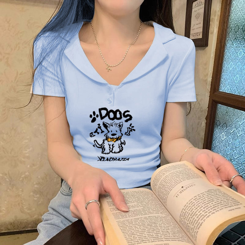 アメリカンホットガールポロシャツ右肩半袖Tシャツレディース2025年夏新作ミルクブルーウエストプリーツユニークトップ|undefined