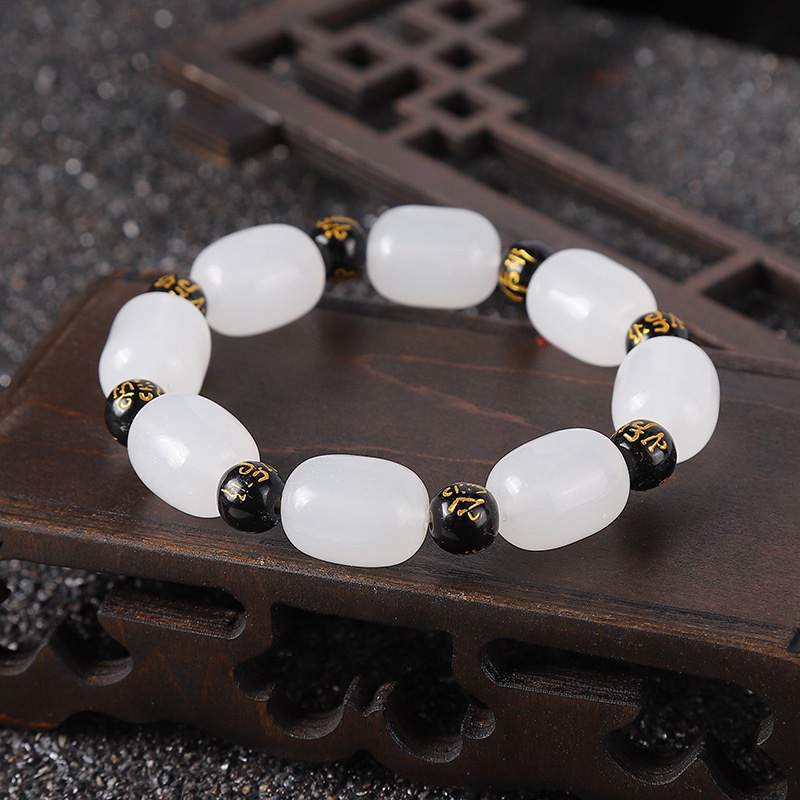 仿和田玉六字真言桶珠手链男女情侣手串景区摆摊会销礼品批发佛珠
