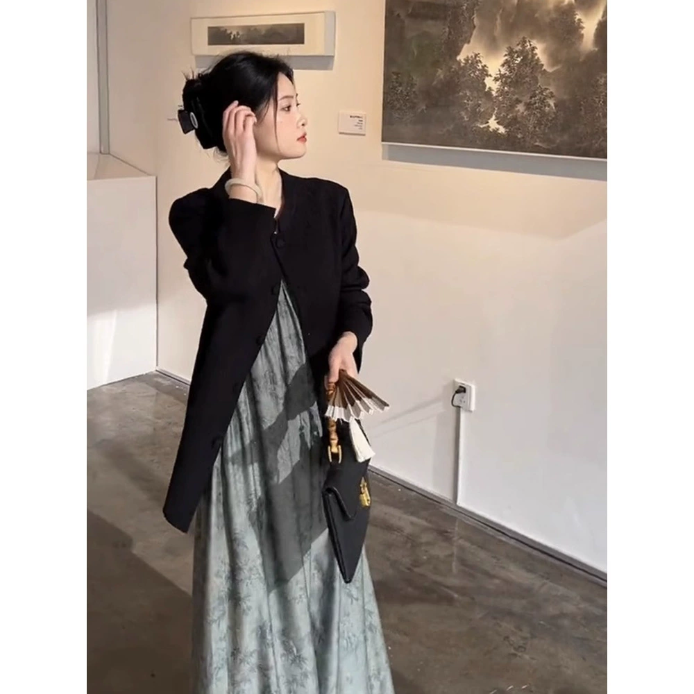 [Спот] Женская весна большого размера и лето слегка толстый мм набор новый китайский пиджак национальный ветер юбка с печатным рисунком из двух частей 6012