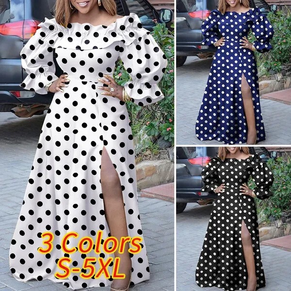 Amazon wish Fashion Women's Pleated Ruffled Loose Side Vent Polo Dot Horn Sleeve Long Dress