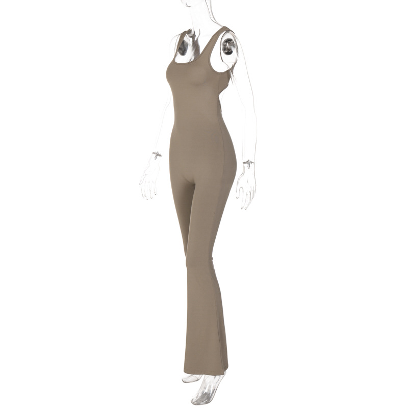 Women Clothing Summer Solid Color Slim Fit Backless Sleeveless Shoulder Strap Jumpsuit