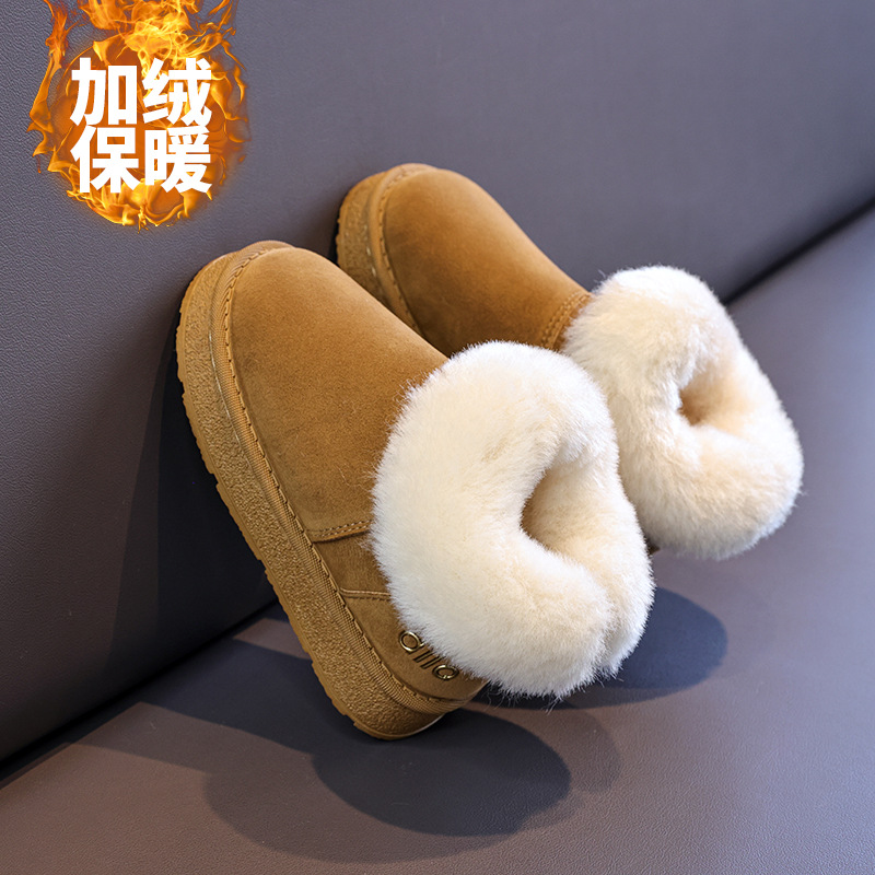 2025 Winter Plush Warm Children's Versatile Snow Boots with Fur Cuffs, Korean Style Flat Short Slip-On Cotton Shoes for Girls